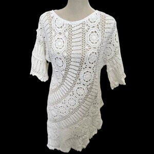 🆕Handmade Boho White Crochet Cotton Tunic Dress Coverup | Asymmetrical One Size